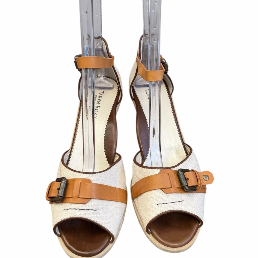 Taryn Rose Tan Leather/Cream Textured Fabric Wedge Sandals 8.5 Made in Italy - Picture 3 of 10